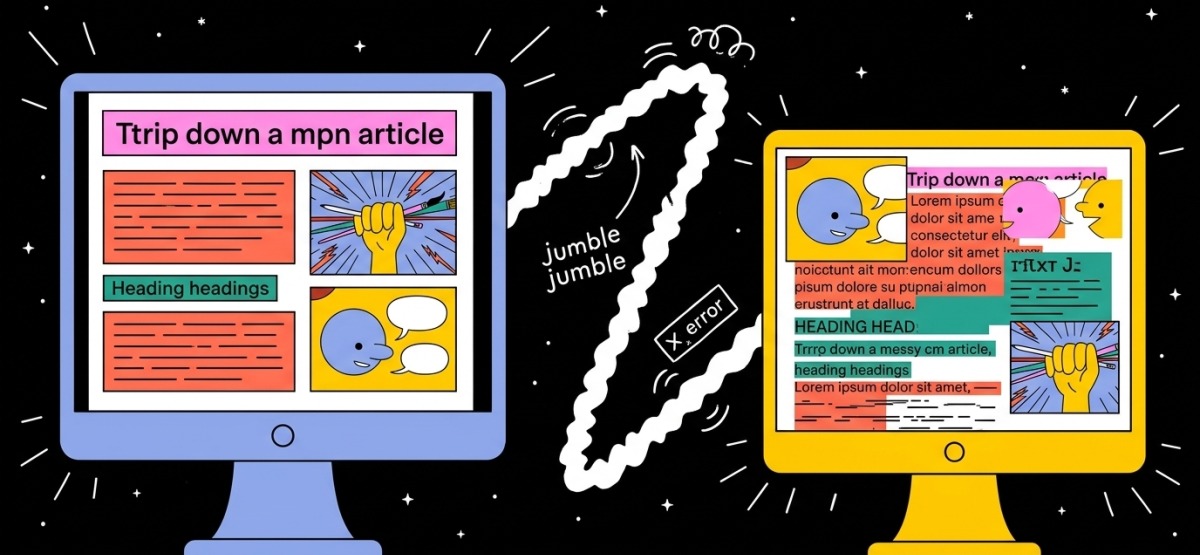 Prépresse WordPress : avant et après le copier-coller vers le CMS Comparaison entre un article structuré et sa version dégradée après copier-coller, cas typique du prépresse WordPress