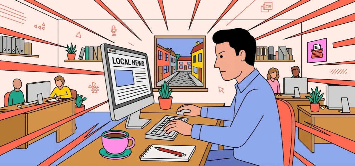 Rédaction locale : le travail éditorial soigné au quotidien Journaliste concentré devant son écran dans une petite rédaction locale, une tasse de café sur le bureau