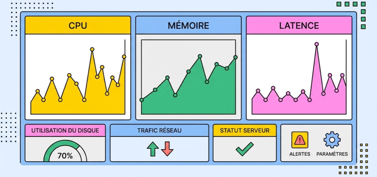 Tableau de bord d'administration serveur affichant des courbes de performances CPU, mémoire et latence en temps réel