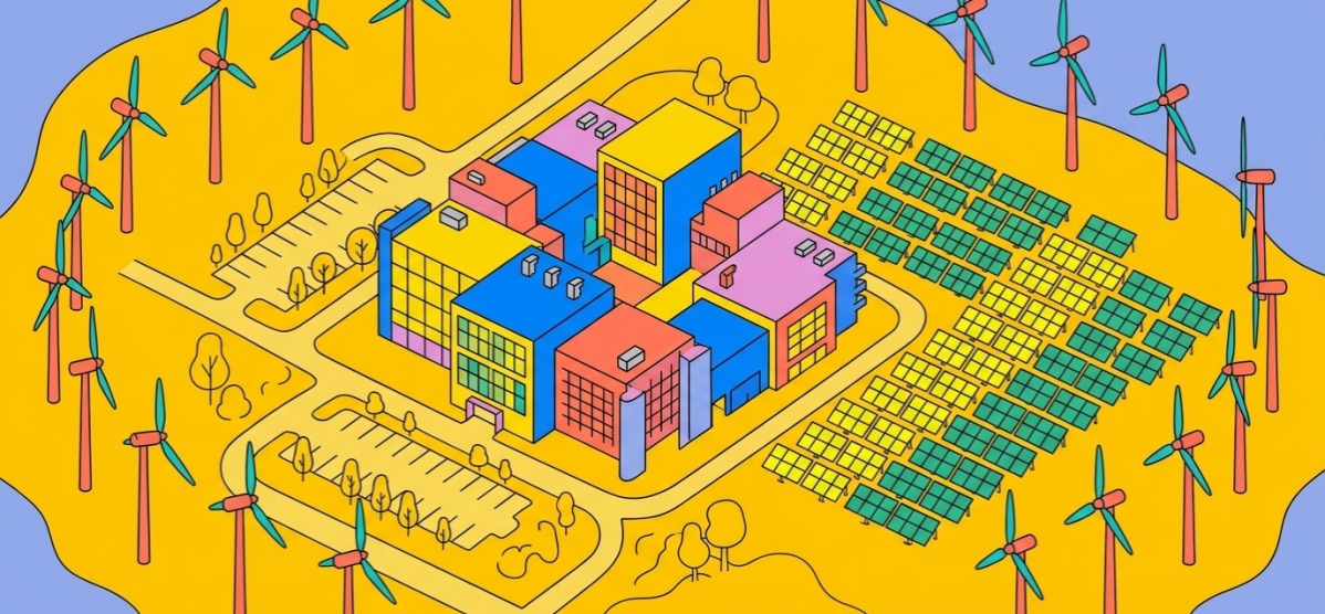 Vue aérienne d'un centre de données moderne entouré de panneaux solaires et d'éoliennes