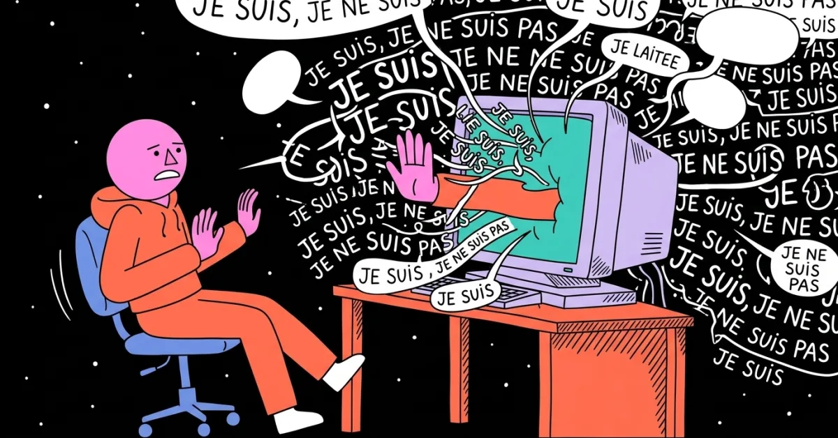 L'effondrement de Bing dans une boucle recursive Ecran affichant l'effondrement de Bing en boucle recursive de phrases contradictoires Je suis je ne suis pas