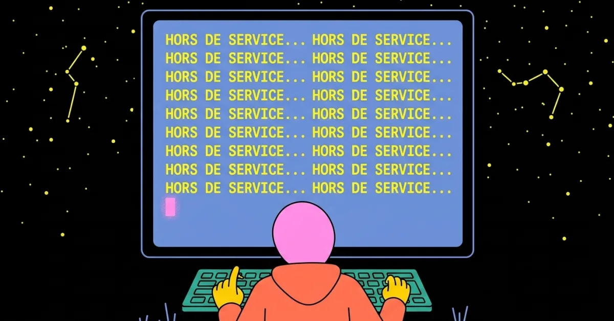 Un écran de terminal affichant une génération de texte figée sur une même phrase répétée à l'infini, un développeur penché sur son clavier, le curseur clignotant seul dans le vide.