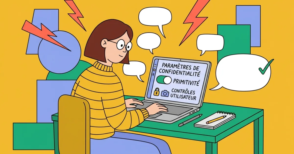 Designer indépendant vérifiant les paramètres de confidentialité de son outil sur un ordinateur portable