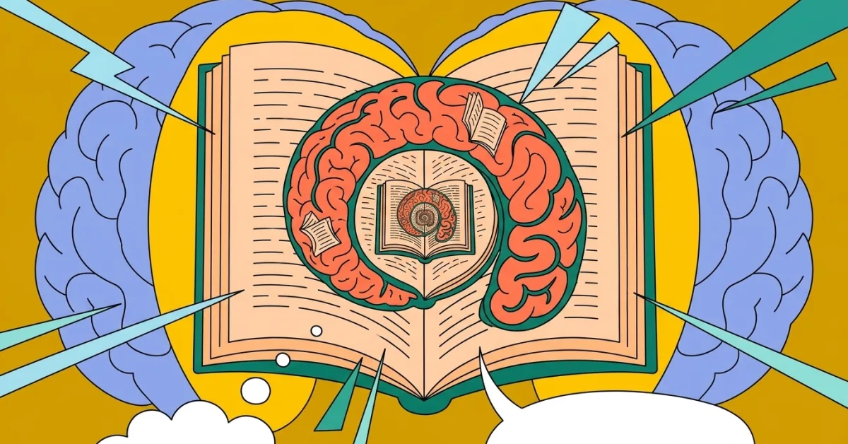 Un cerveau ouvert comme un livre dont les pages déploient un autre cerveau miniature, lui-même contenant un livre entrouvert, en spirale vertigineuse qui se répète sans fin.